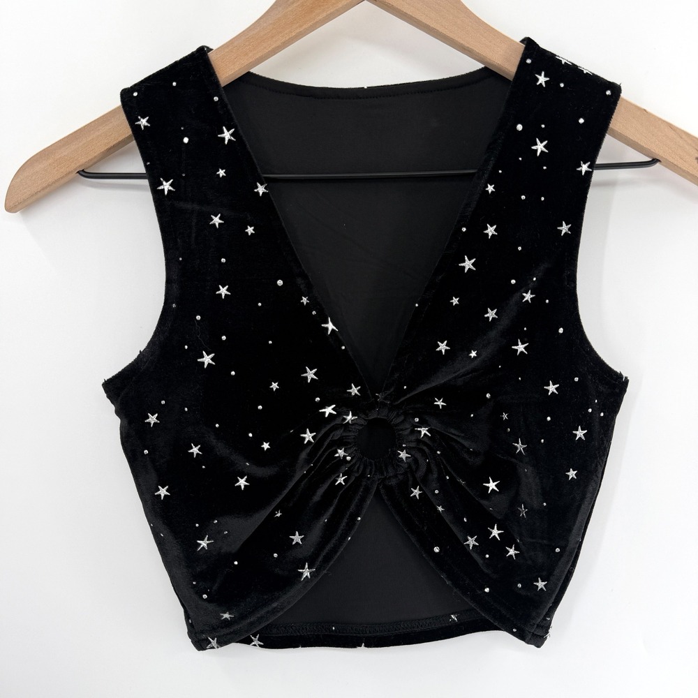Celestial Whimsygoth Velvet Star Print Crop Top in Black Silver Size XS